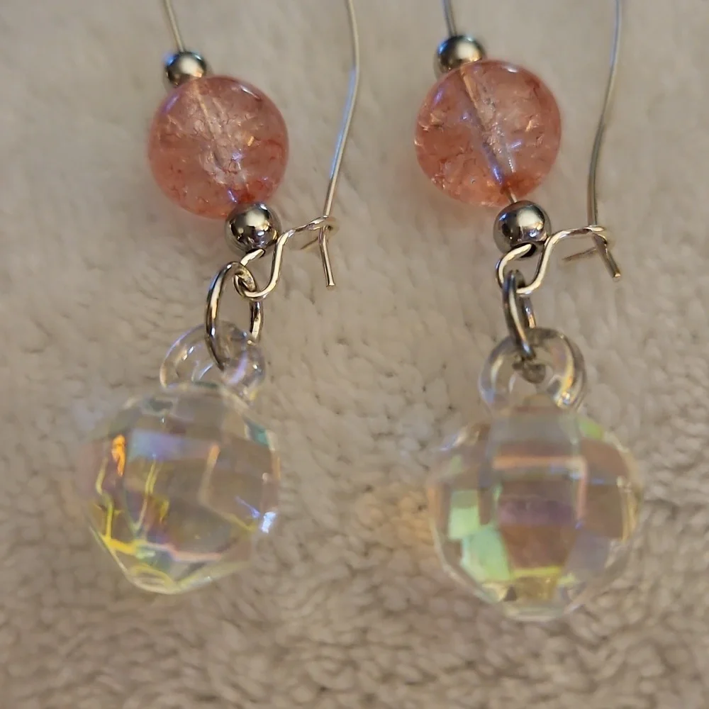 3/$30 HANDCRAFTED Silver and Pink Crackle Glass Beaded Disco Ball Hoop Earrings